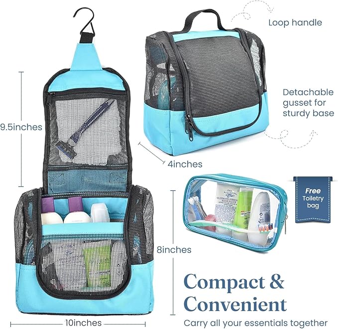 The Fine Living Co. Portable Hanging Shower Caddy Organizer Bag (Free Toiletries Case+Metal Hook) Quick Dry Mesh Shower Caddy Tote Bag Pouch For Bathroom College Dorm Camp Gym Camping 10”x4”x8”(Aqua) - Image 2