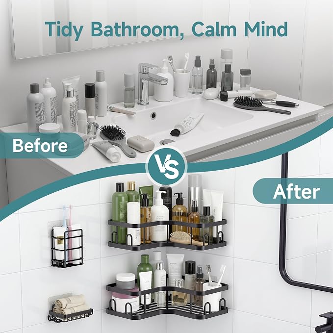 Veken Corner Shower Caddy 4-Pack, Advanced Rustproof Design, No Drilling Adhesive Shelves, Rack with Soap Holder, Large Capacity Bathroom Organizers and Storage, Wall-Mounted Kitchen&Home Decor,Black - Image 7