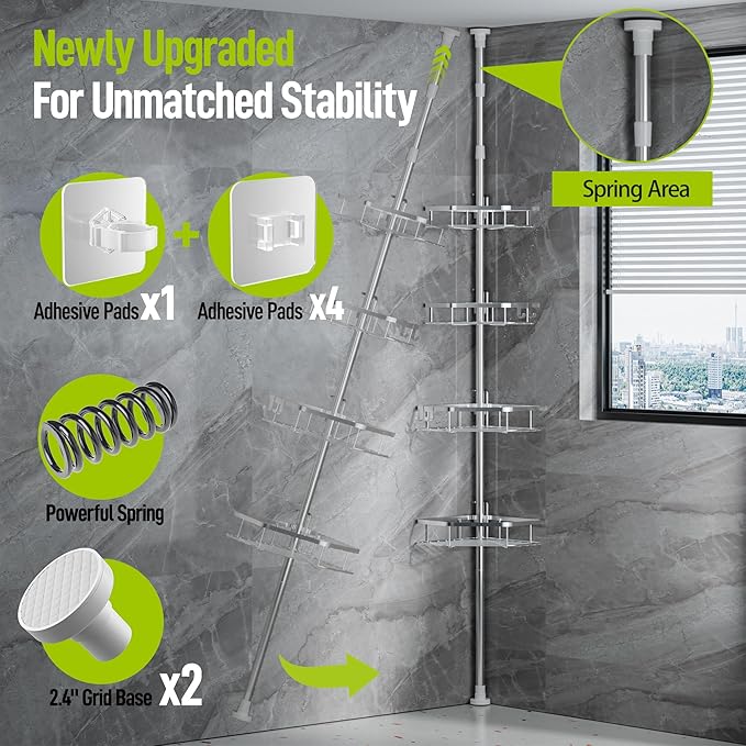 LAMU Shower Caddy Corner Tension Pole, Stainless Steel Shower Organizer, Strong Spring, 5 Adhesive Pads, 2.4 in Non-Slip Grid Base, Adjustable 4-Tier Basket, 4 Hooks, Fits Heights 37.8-124 in, Silver - Image 3