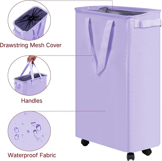 efluky Slim Laundry Hamper with Wheels, Rolling Laundry Basket for Clothes, Small Laundry Basket for Bedroom, Dorm and Laundry Room, 60L (12.7 Gallons) Purple - Image 3