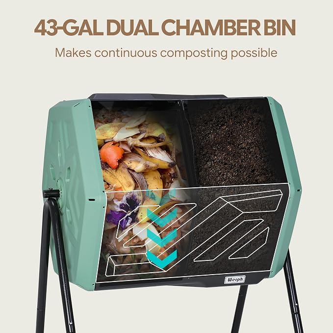 Werph Updated 43 Gallon Dual-Chamber Compost Bin, Fast Assembly Rotating Outdoor Compost Tumbler, Batch Composter with Gloves for Garden, Kitchen, and Yard Waste, Green & Black - Image 5