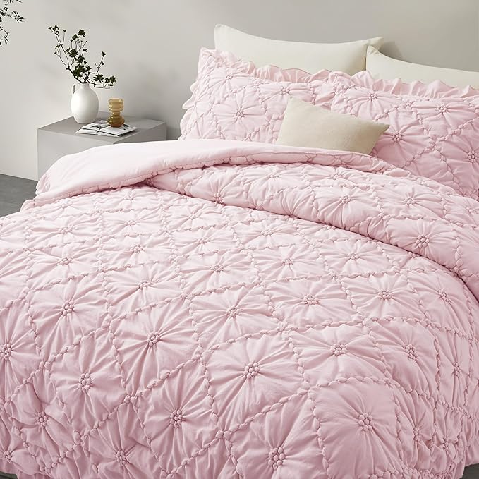 BEDAZZLED Queen Size Comforter Sets, Pink Bedding Comforter Set, 3 Pieces Pinch Pleat Bedding Sets with Comforter and Pillowcases Soft Farmhouse Shabby Chic Comforter for All Seasons