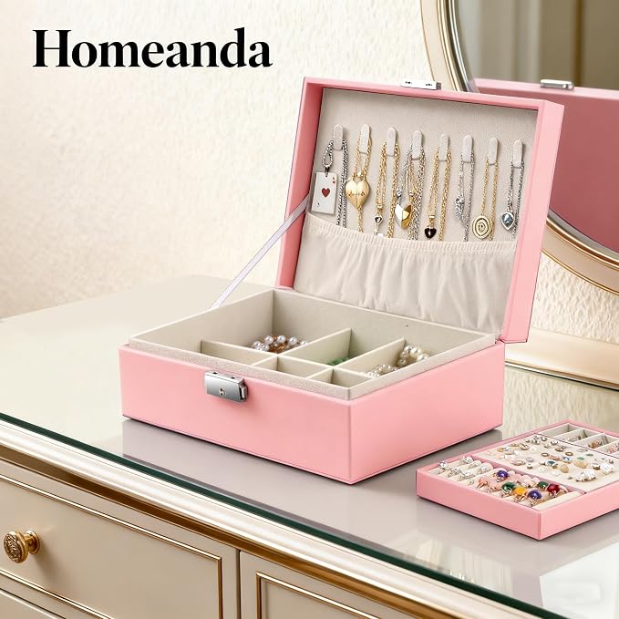 Homeanda Jewelry box 2 layer Jewelry box Leather Jewelry boxes for Women Girls Teens Jewelry organizer box Jewelry Storage box with lock(Pink) - Image 7