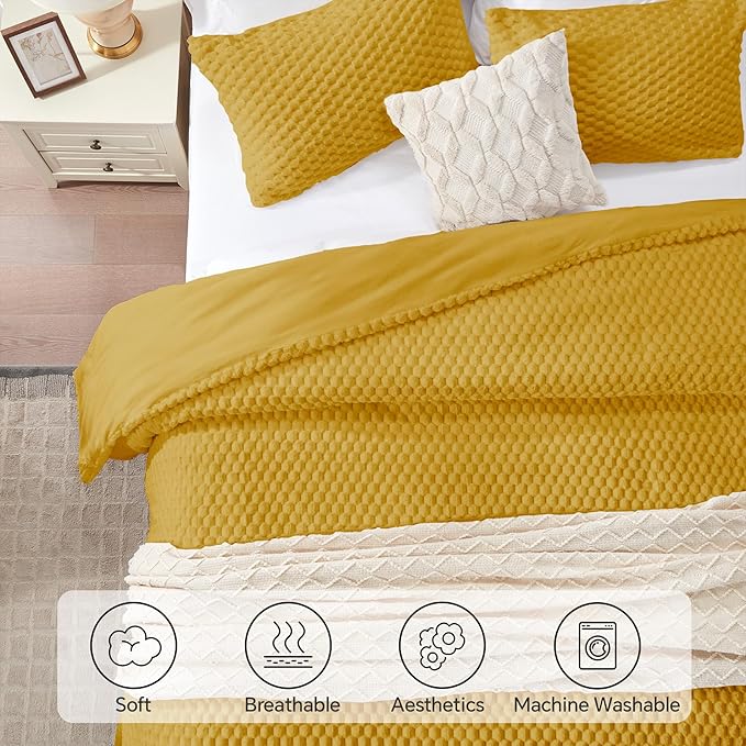 BEDELITE Fluffy Queen Comforter Set - Yellow Fleece Soft Comforter for Queen Size Bed, Luxury Warm Bedding Set for Winter, Fuzzy Bed Set 3 Pieces (1 Comforter, 2 Pillowcases)