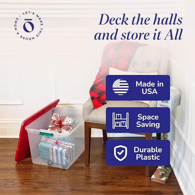 HOMZ 4-Pack Secure Latch, Clear Plastic Storage Organizer Bins, 64 Quart, Red Lid - Stackable Container Boxes for Bedroom, Bathroom, Garage, and Office Organization - Image 5