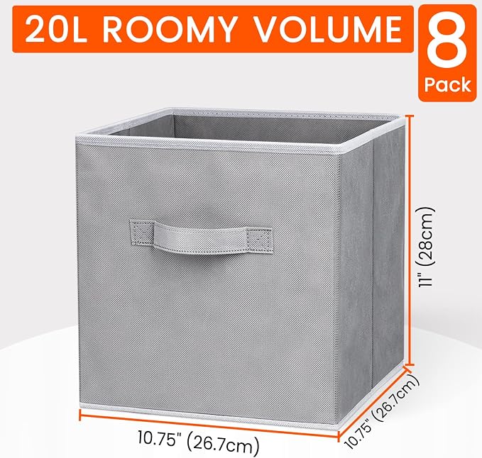 Criusia Storage Cubes - 11 Inch Heavy Duty Fabric Closet Bins for Shelves, Cube Organizer - 8 Pack Collapsible Decorative Storage Bins Baskets for Organizing Clothes Blankets Toys (Grey) - Image 2
