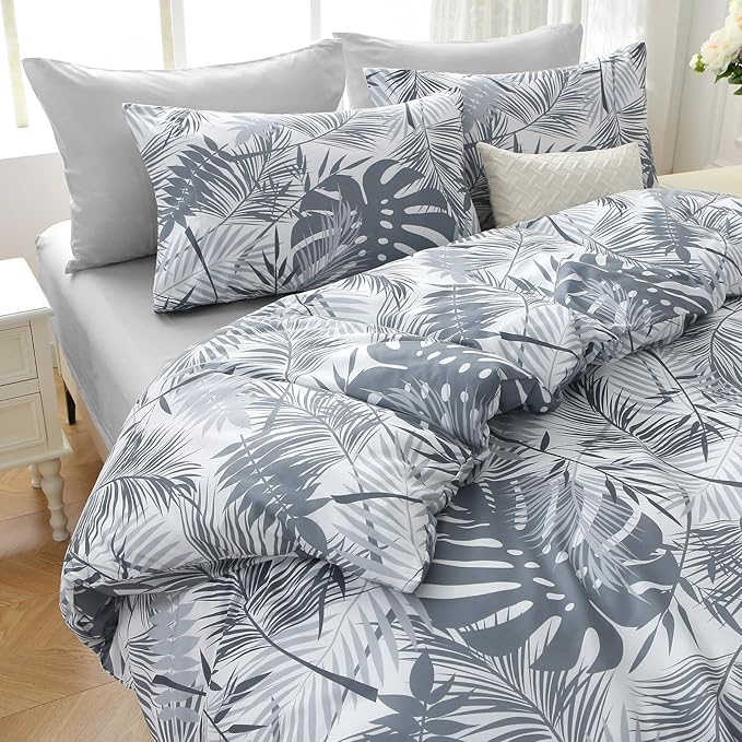 MUXHOMO Black&Grey Bed in a Bag King 7 Pieces, King Comforter Set Reversible Botanical Flowers Design, Ultra Soft & Breathable Bedding Sets with Comforter, Sheets, Pillowcases & Shams