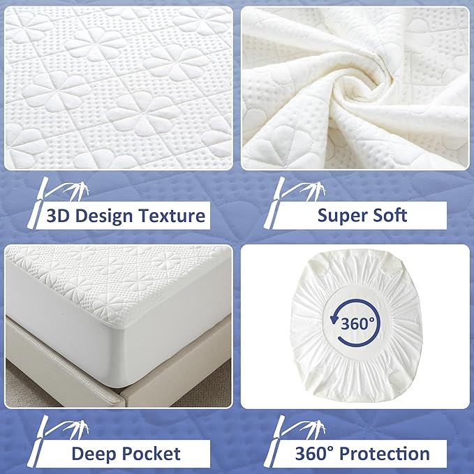Bamboo Viscose Queen Size Waterproof Mattress Protector, Cooling Mattress Pad Cover for Queen Size Bed, Super Soft Queen Size Mattress Cover for 6-18 inches Mattress, White