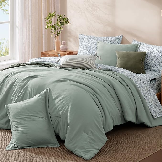 Monbix King Size Comforter Set - 7 Pieces Sage Green Prewashed Bed in a Bag King Bedding Sets with Comforters, All Seasons Ultra Soft Comforter Bed Set with Sheets,Pillowcases & Shams