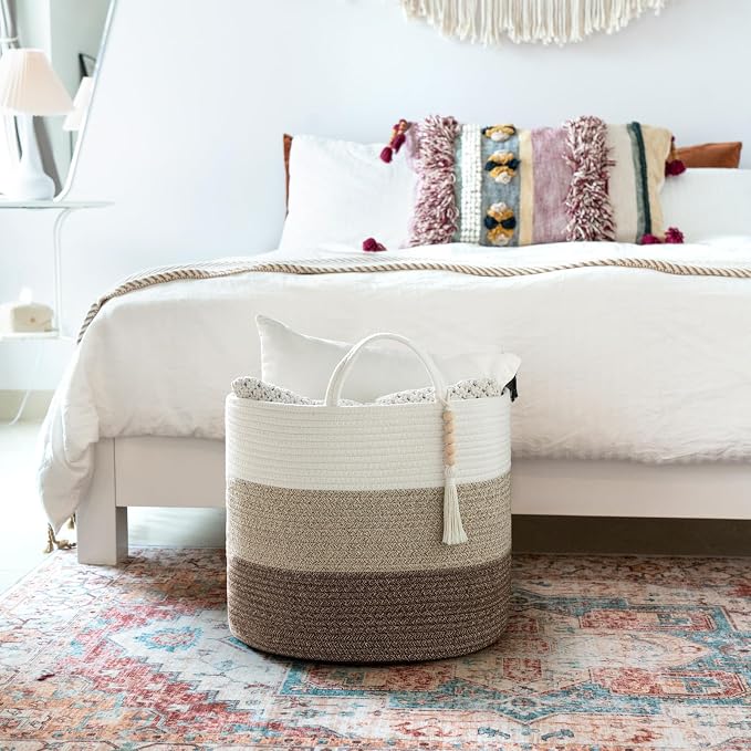 Mkono Woven Storage Basket Decorative Natural Rope Basket Wooden Bead Decoration for Blankets,Toys,Clothes,Shoes,Plant Organizer Bin with Handles Living Room Home Decor, 16" W × 13.8" L - Image 3
