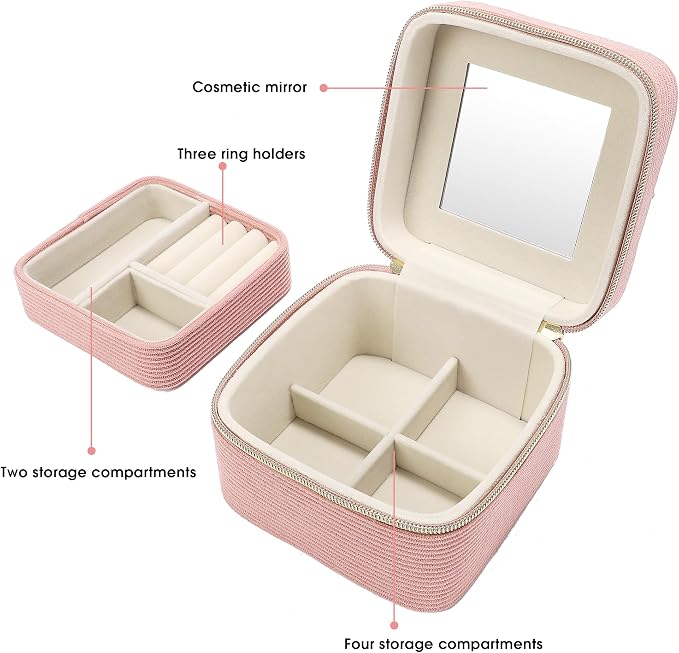 Travel Jewelry Case with Mirror – Small 2-Layer Jewelry Box for Women, Rings and Earrings Necklaces Velvet Organizer Mothers Day Mom Girls Birthday Gifts (Pink) - Image 4