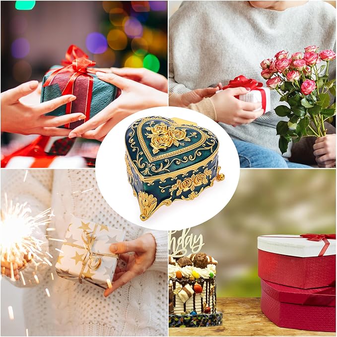 Hipiwe Vintage Metal Jewelry Box - Heart Shape Trinket Box Ring Case with Rose Pattern Jewelry Storage Box for Ring Earrings Necklace, Keepsake Box for Women, Blue - Image 8