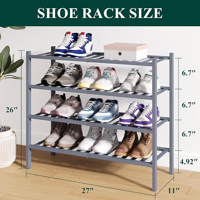 Smiry Bamboo Shoe Rack for Closet, 4 Tier Wooden Stackable Shoe Organizer, Free Standing Shoes Storage Shelf for Entryway, Front Door Entrance, Grey - Image 2