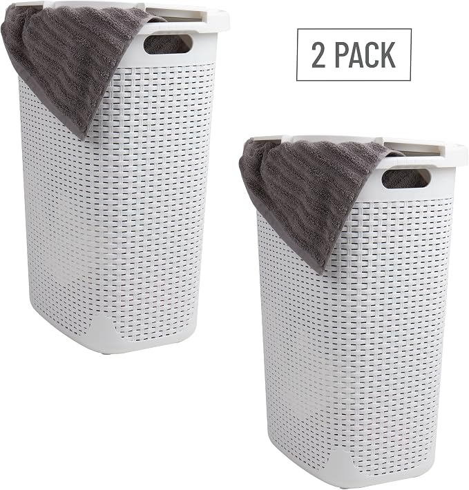 Mind Reader Slim Laundry Hamper with Lid, 60L Tall Clothes Basket, Narrow Tapered Design for Bathrooms, Closets and Laundry Rooms, Plastic, 2 Pack, White - Image 7