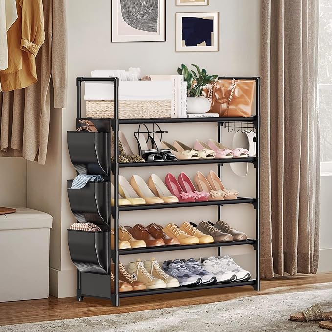 VILICK 5 Tier Shoe Rack with Hook and Side Pocket,Shoe Organizer Space Saver Storage for 20-25 Pair Shoe Storage Shelf Sturdy Free Standing Long Shoe Rack Organizer for Closet,Entryway,Small Spaces - Image 7