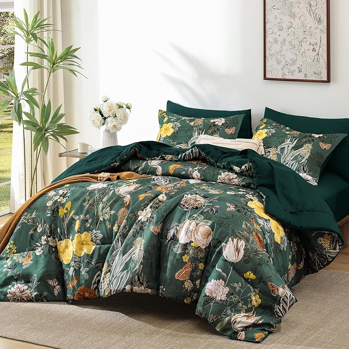 WONGS BEDDING Green Comforter Set King,7 Pieces Floral Comforter Set for All Seasons,Bed in a Bag King with Botanical Flowers Comforter, Sheets, Pillowcases & Shams