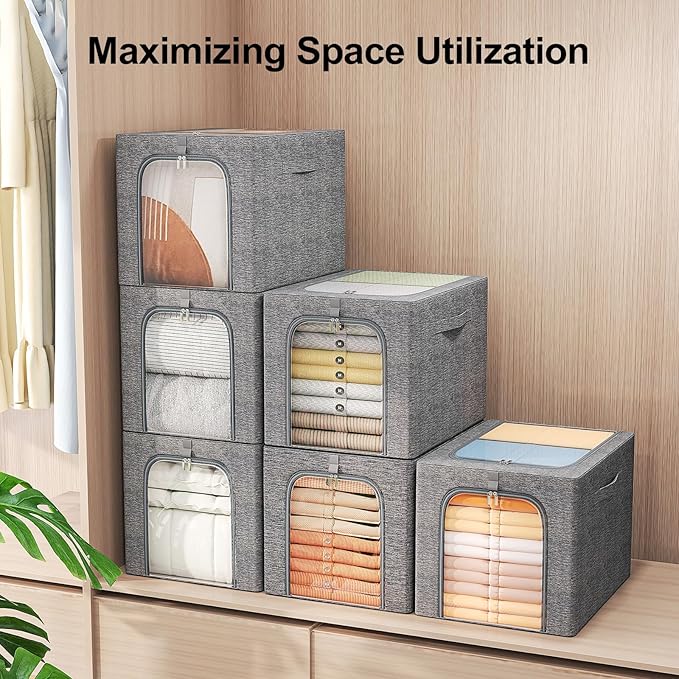 GoMaihe Clothes Storage Bin with Metal Frame: 4-Pack Stackable Closet Storage Bin with Lid & Clear Window, Sweater Boxes Storage for Closet Clothing Bedding Storage Organizer 40L - Image 4
