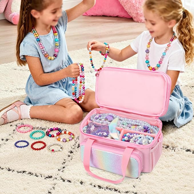 GRAOSO Double Layer Jewelry Organizer Storage for Kids Girls, Travel Jewelry Case Bag, Portable Jewelry Box with Handle and Detachable Shoulder Strap for Necklaces, Earrings, Rings, Pink (Case Only) - Image 5