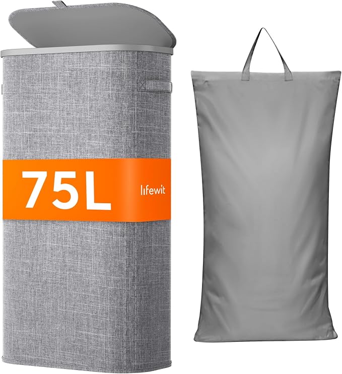Lifewit Slim Laundry Basket with Lid, Narrow Large Laundry Hamper with Plastic Handles and Removable Bag, Tall Foldable Dirty Clothes Hampers for Laundry Room, Bedroom, Bathroom, Dorm, 75L Gray by Lifewit