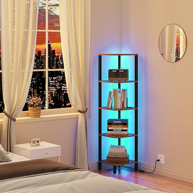 TUTOTAK Corner Shelf with LED Light, 5-Tier Corner Bookshelf for Small Space, Narrow Display Corner Shelf Stand with Storage Rack, for Living Room, Bedroom, Rustic Brown BS08BB005L - Image 6