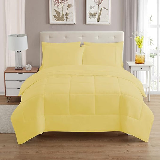 Sweet Home Collection 7 Piece Comforter Set Bag Solid Color All Season Soft Down Alternative Blanket & Luxurious Microfiber Bed Sheets, Yellow, Twin XL