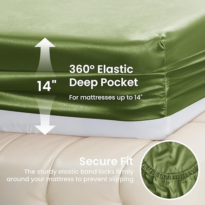 Love's cabin California King Satin Sheet Sets - 4 Piece Sage Silky Sheets Bed Set with Deep Pocket, Luxury Silk Feel Satin Cal King Sheet Set (1 Flat Sheet,1 Fitted Sheet,2 Pillow Cases)