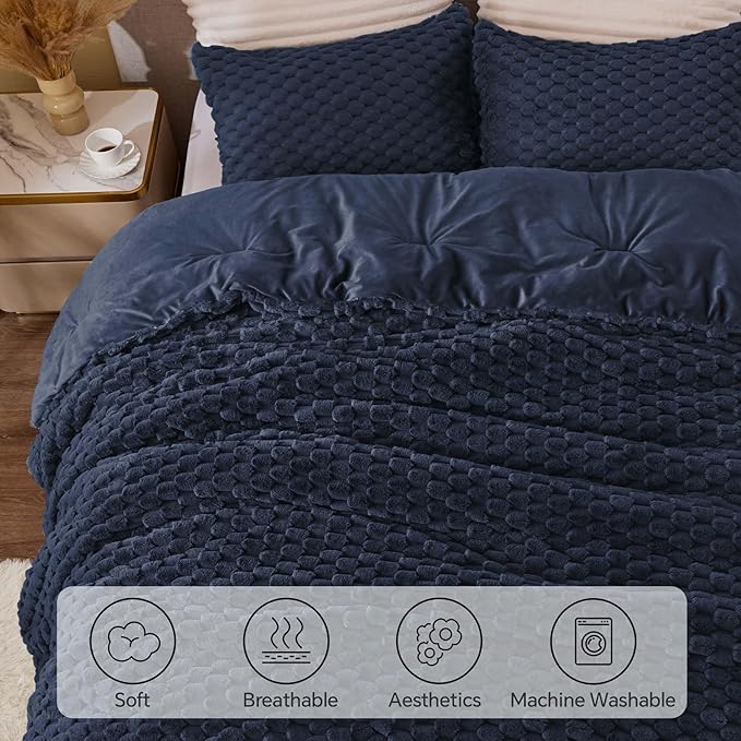 BEDELITE Fluffy Twin Comforter Set - Navy Blue Fleece Soft Comforter for Twin Size Bed, Luxury Warm Bedding Set for Winter, Fuzzy Bed Set 2 Pieces (1 Comforter, 1 Pillowcase)