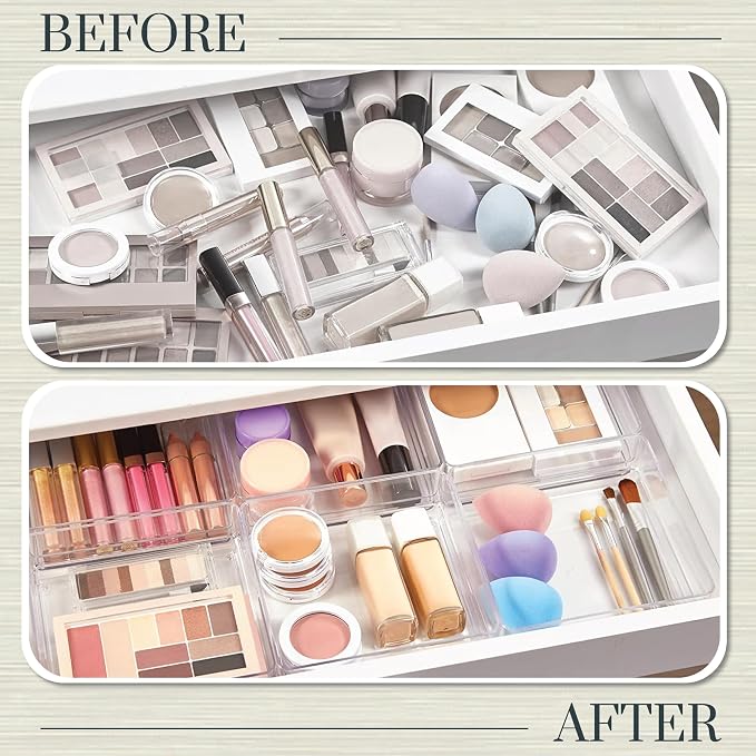 STORi SimpleSort 6-Piece Stackable Clear Drawer Organizer Set | 6" x 6" x 2" Square Trays | Small Makeup Vanity Storage Bins and Office Desk Drawer Dividers | Made in USA - Image 6