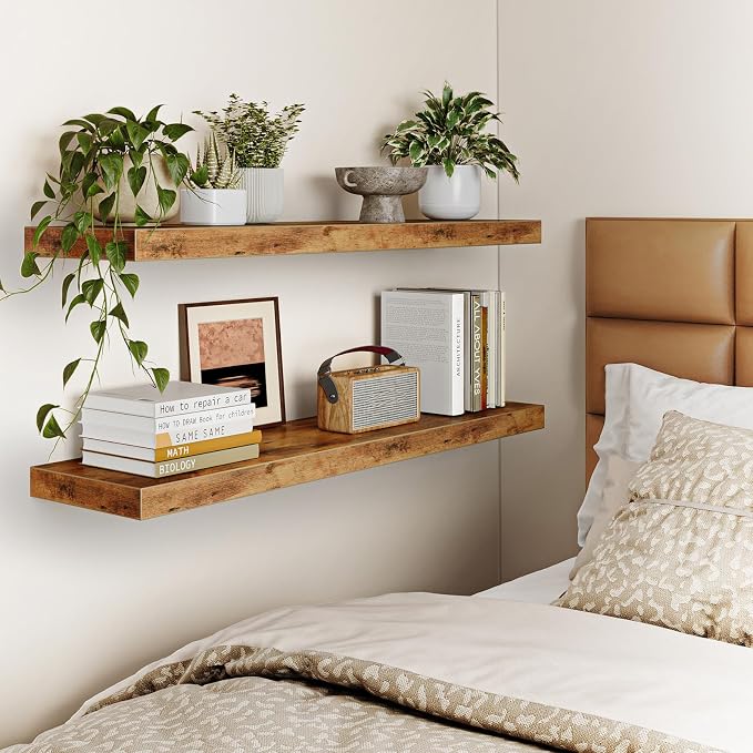 Fixwal Wall Shelves, 35" Long Heavy Duty Wall Mounted Rustic Wood Shelves for Living Room, Bedroom, Bathroom and Kitchen, Wall Shelves for Storage, Books, Room Decor (Rustic Brown, Set of 2) - Image 6
