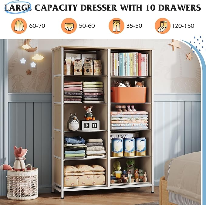 WLIVE Tall Dresser for Bedroom with 10 Drawers, Chest of Drawers, Fabric Dresser for Closet, Hallway, Living Room, Entryway, Cream White