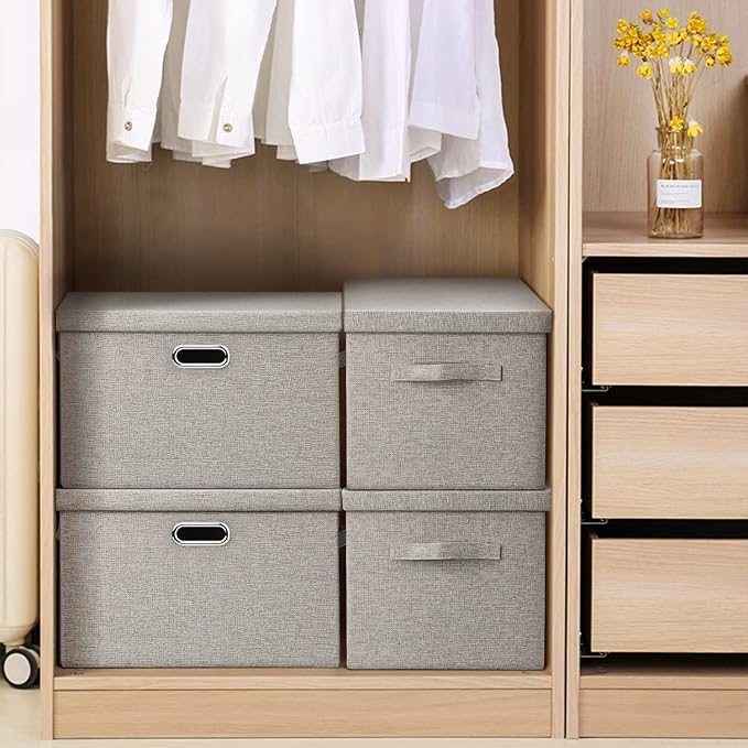 Graciadeco Large 17" 36 Quart Collapsible Stackable Storage Bins with Lids, 5 Packs Beige Linen Fabric Closet Boxes with Lids, Storage Cube Baskets Container Organizers for Bedroom Office(17 x12 x11) - Image 6
