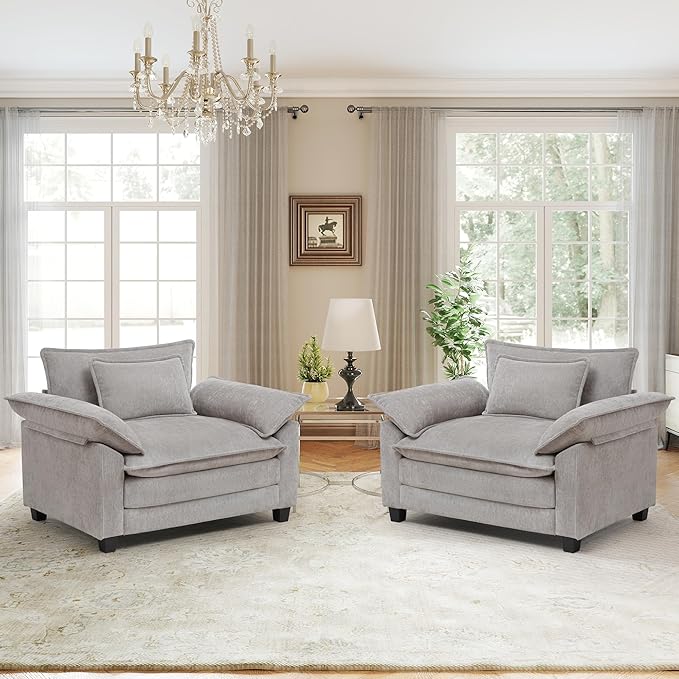 Modern Oversized Accent Chairs Set of 2,Chenille Cloud Sofa Chair with Deep Seat,Upholstered Armchair with Extra Thick,Comfy accent chairs Reading Chairs for Living Room Bedroom Apartment LIGHTGREY