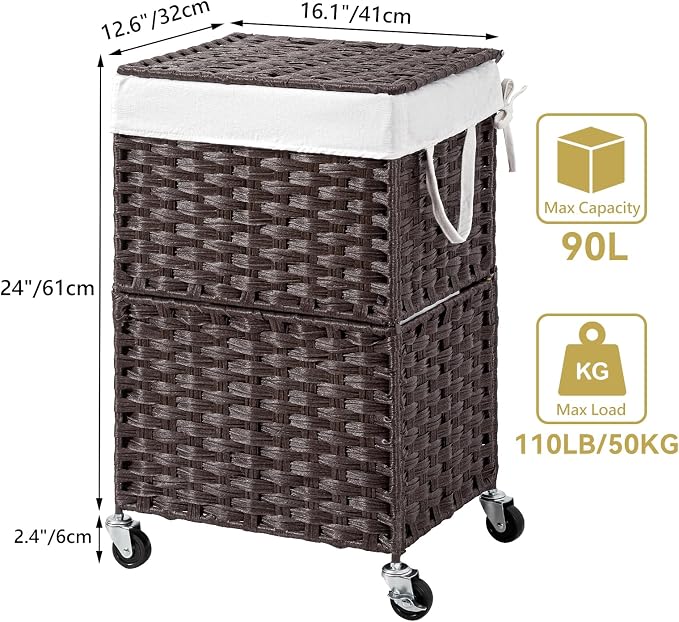 Chrislley 90L Slim Laundry Hamper with Wheels, Rolling Laundry Basket with Lid and Renovable Liner Bag, Handwoven Rattan Organizer for bedroom, bathroom, laundry room (Brown) - Image 3