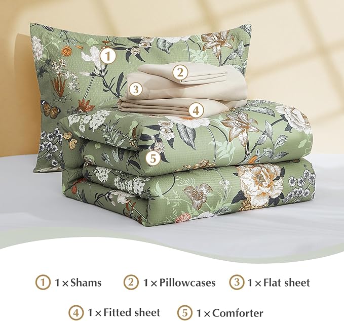 CASAAGUSTO Twin Comforter Set - 5 Pieces Green Floral Bedding Sets, Twin Bed in a Bag with Botanical Butterfly Comforter, Sheets, Pillowcases & Shams for All Seasons