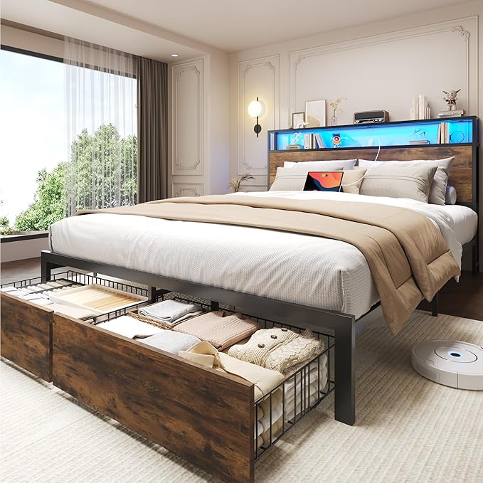 Lifezone Queen Bed Frame with 2-Tier Storage Headboard, Metal Bed Frame with Storage Drawers & Built-in Charging Station & LED, Noise-Free, No Box Spring Needed, Easy Assembly, Retro Brown
