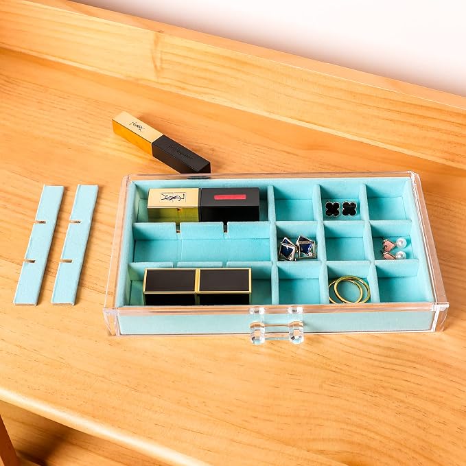 Frebeauty Acrylic Jewelry Organizer Earring Organizer Box with 5 Drawers Earring Holder Organizer with Velvet Trays Clear Jewelry Box for Women Earring Display for Rings Studs(Turquoise) - Image 6