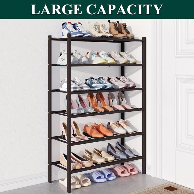 Smiry Bamboo Shoe Rack for Closet, 6 Tier Wooden Stackable Shoe Organizer, Free Standing Shoes Storage Shelf for Entryway, Front Door Entrance, Brown - Image 5
