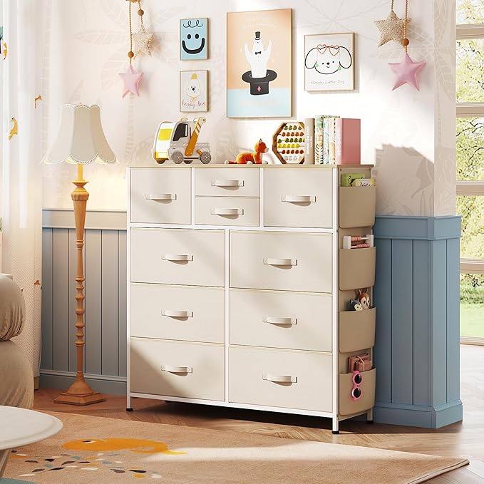 WLIVE Fabric Dresser for Bedroom with 10 Drawers, Chest of Drawers with Side Pockets and Hooks, Sturdy Metal Frame, Drawers Organizer Unit for Living Room, Hallway, Cream White