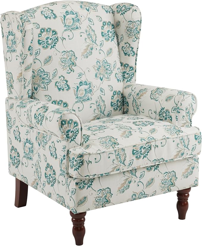 MELLCOM Floral Accent Chair, High Back Upholstered Armchair with Solid Legs, Leisure Single Sofa Chair for Living Room, Bedroom, Home Office, Light Cyan Floral