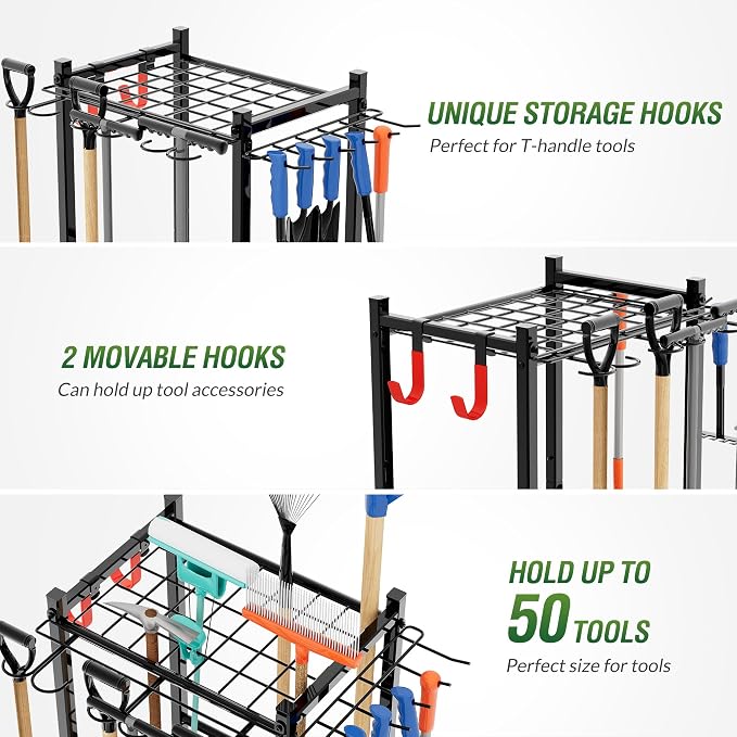 Sttoraboks Garden Tool Organizer Rack Up to 50 Tools, Heavy-Duty Steel Yard Tool Organizer for Garage Storage with 11 Hooks, Broom Holder & Garden Tool Rack for Shed, Patio, Outdoor Use, Black - Image 4
