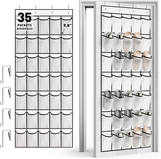 WVM Over the Door Shoe Organizer with 35 Breathable Mesh Pockets, Hanging Shoe Organizer for Door with 4 Metal Hooks, Large Capacity Closet Storage for Shoes, Accessories, White by WVM