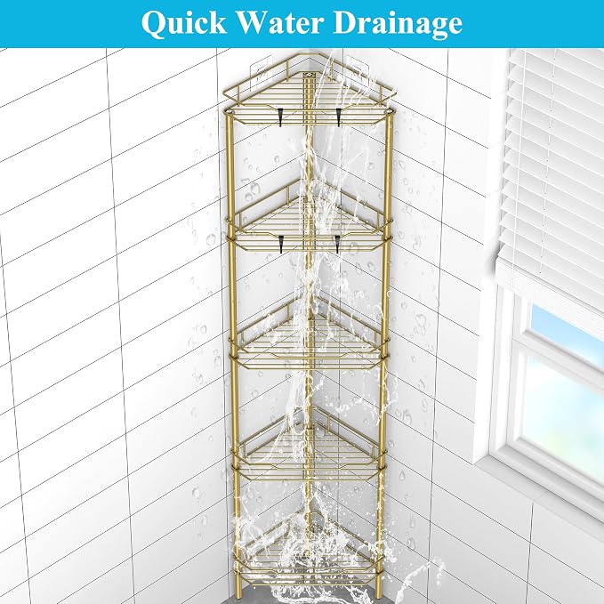 HuggieGems 5 Tier Floor Standing Corner Shower Caddy Organizer Shelf with Hooks, Bathroom Shelves Stand Rack, Gold - Image 4