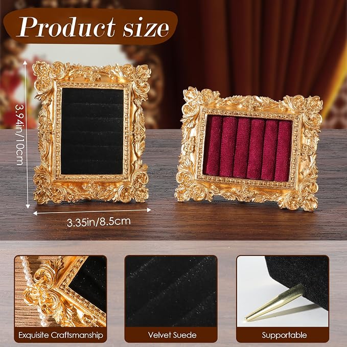 Vintage Ring Holder Rectangle Gold Velvet Display Stand - Baroque Jewelry Organizer Box Tray for Wedding Engagement Anniversary Women Birthday Christmas Gift Photograph Prop (MPF05-Gold Black) - Image 5
