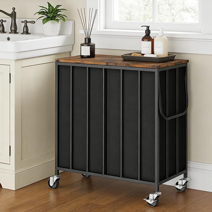 120L Laundry Hamper with Wheels and Lid, Rolling Laundry Basket with Dual Removable Liners, Soft-Close Flip-Top Wooden Lid, Metal Handles, Clothes Organizer for Bedroom and Laundry Room by Heeytilly