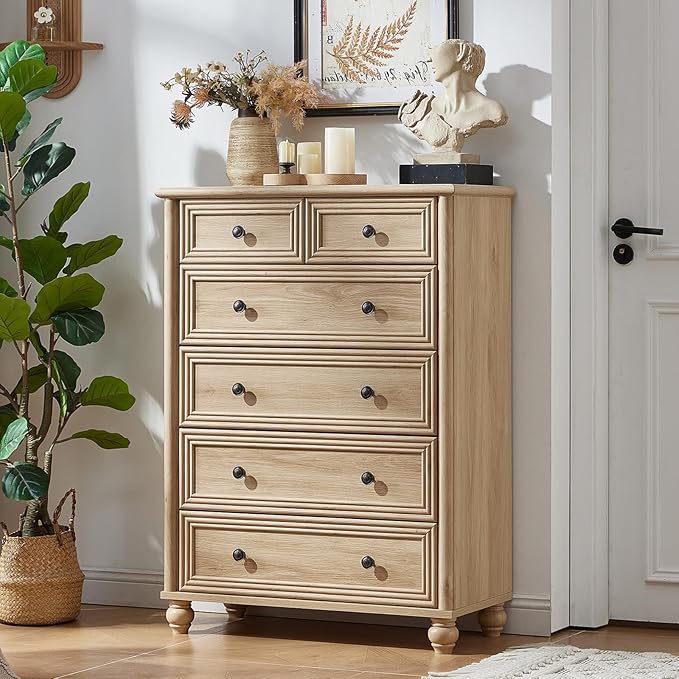 RWYHG Farmhouse 6 Drawer Dresser, 15.75"D x 31.5"W x 43.5"H Chest of Drawers for Bedroom, Natural Tall Dresser with 4 Solid Wood Feet, Wood Storage Dressers Organizer for Living Room Hallway Closet