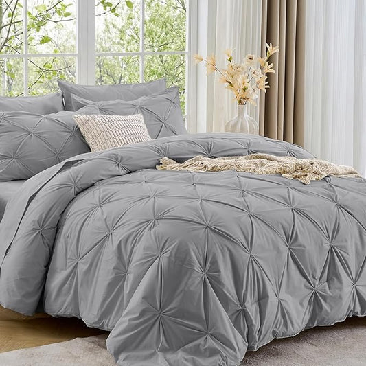 Sasttie Twin Comforter Set, 5-Piece Bed in a Bag, Pintuck Bedding Sets for All Season, Includes Comforter, Flat Sheet, Fitted Sheet, Pillowcase and Pillowsham, Light Grey