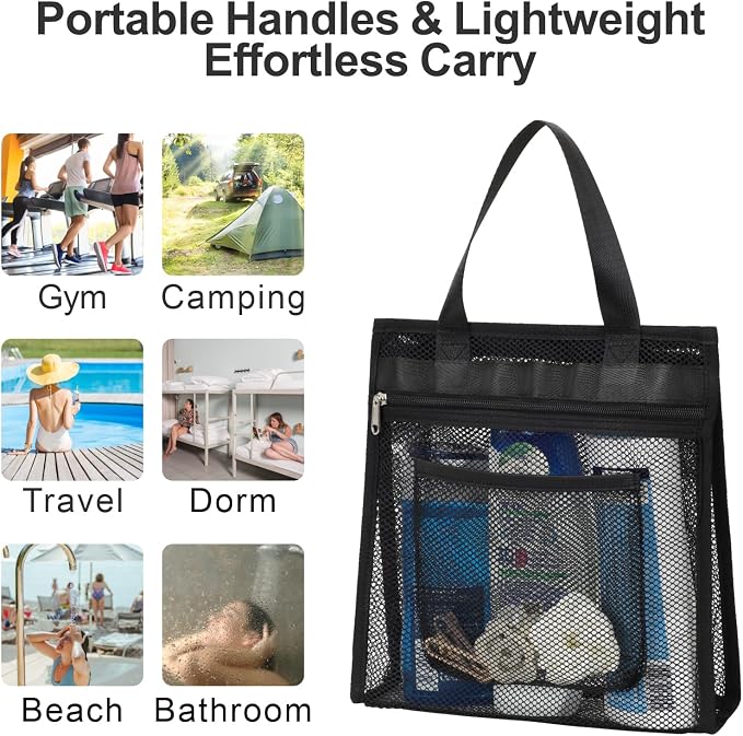 F-color Mesh Shower Caddy Portable Hanging - 3 Pockets Small Shower Bag Tote with Zipper Closure for Camping, Gym Lockers, Travel, Toiletry, Quick Dry Bathroom Essentials with S Hook, Black - Image 7