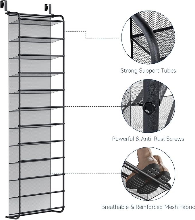 Whitmor 36 Pair Over The Door Shoe Organizer, 12 Tier Hanging Shoe Organizer, Heavy Duty Metal & Mesh Shoe Holder, Hanging Shoe Rack for Closet Organizer, 69"L x 21.7"W x 7.5"H, Matt Gunmetal - Image 4