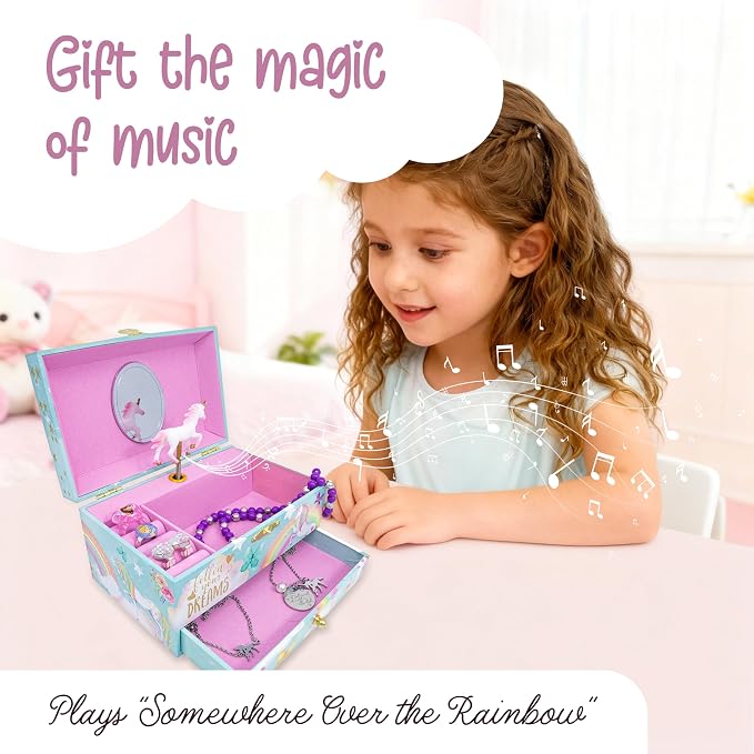 The Memory Building Co Unicorn Musical Jewelry Box Plays Classic Melody, Storage Organizer Music Box for Kids Ages 6-12, MDF Wood w/ 2 Fabric Lined Ring Bracelet Necklace Treasure Compartments - Image 3