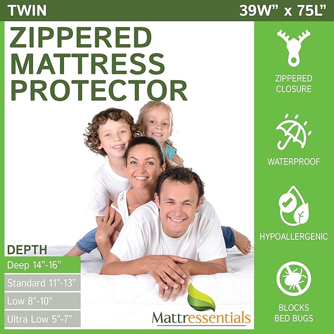 Zippered Twin Mattress Protector (14"-16" Depth) - Bed Bug Waterproof Mattress Cover, Premium Quality Hypoallergenic Encasement White